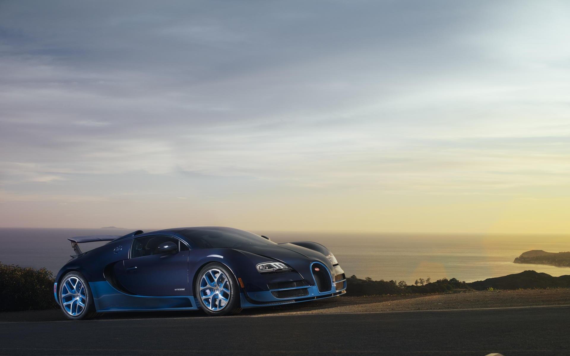 bugatti veyron grand sport vitesse supercar sea sunset bugatti veyron blue