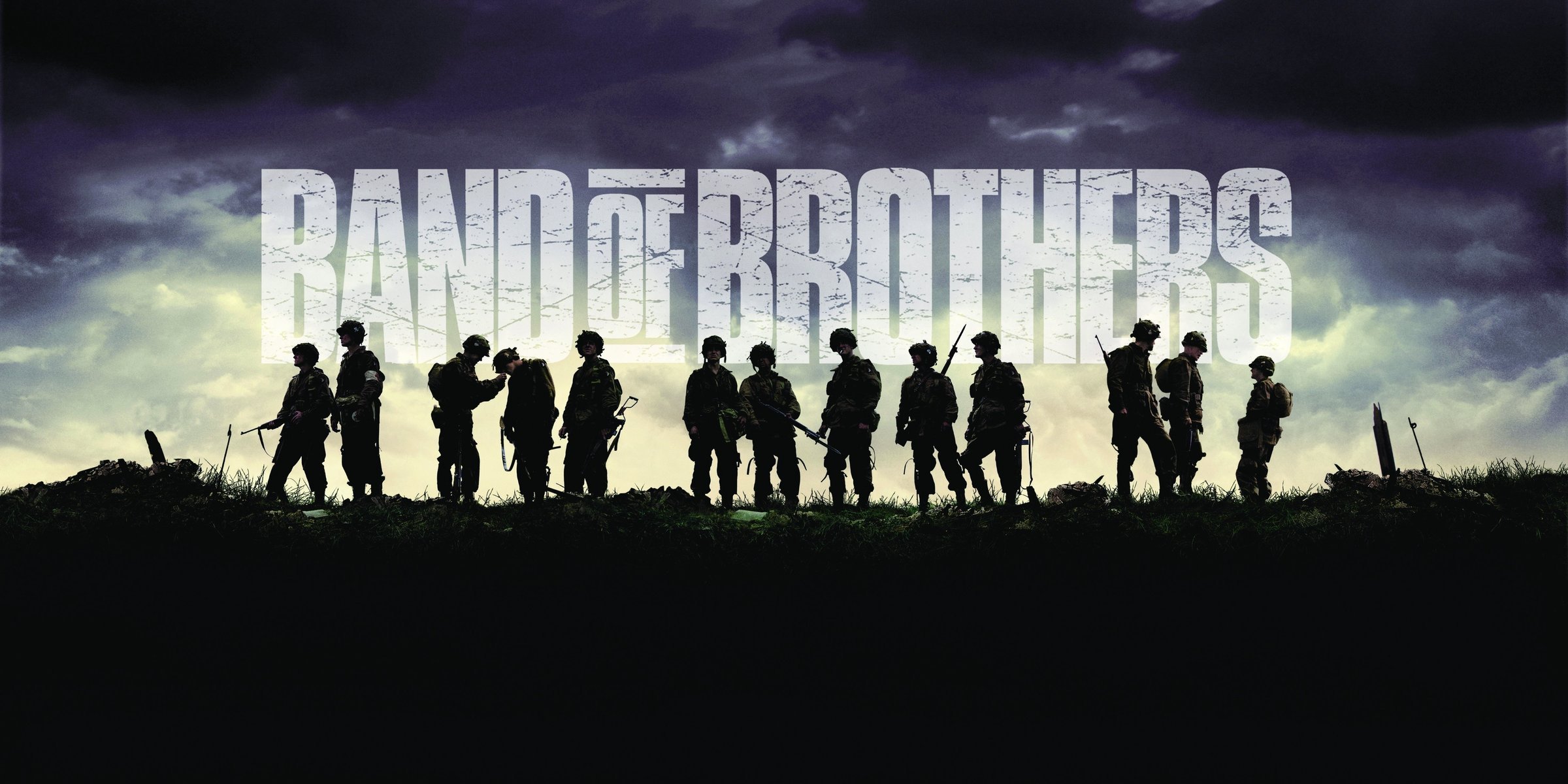 band of brothers bracia w broni serial film gotowość do walki film ludzie napis niebo wieczór broń żołnierze ciemność