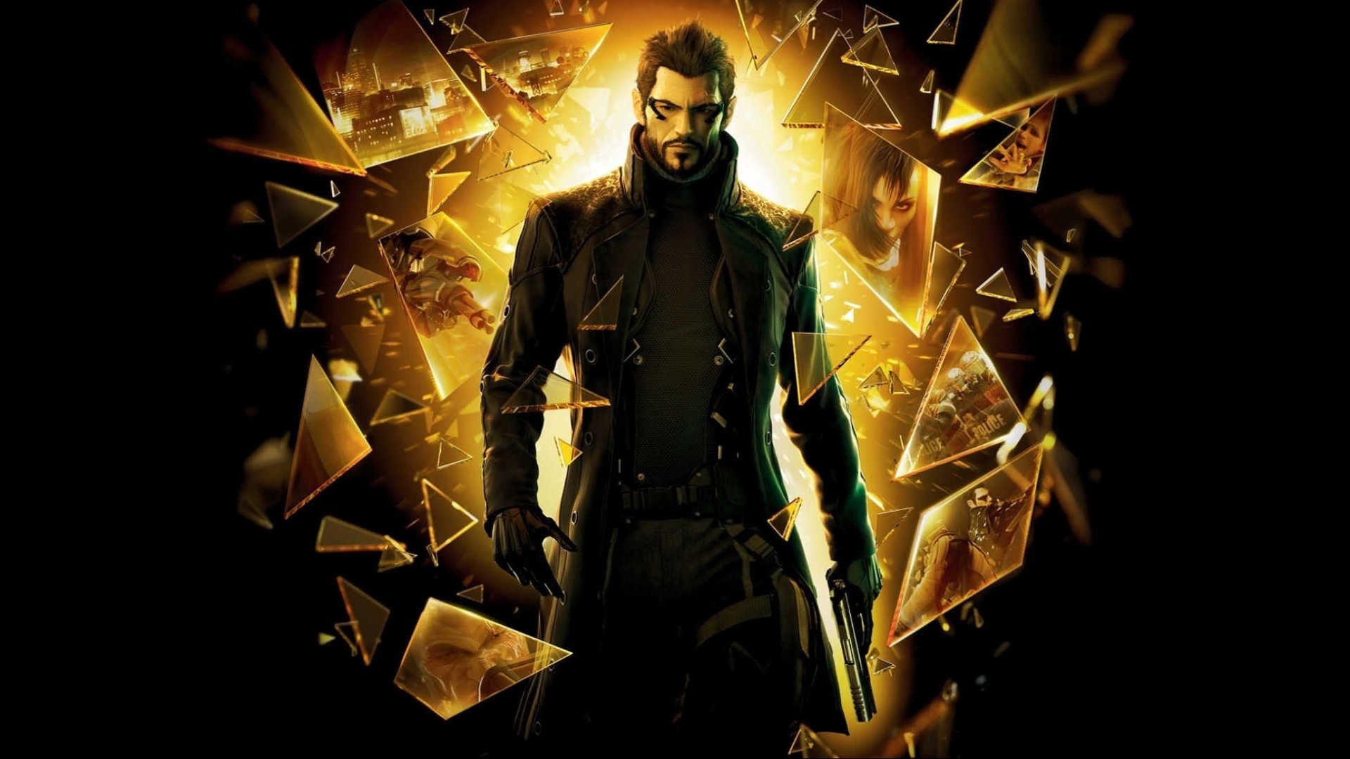 deus ex human revolution imágenes de vidrio pedazos de vidrio hombre fragmentos oscuridad barba armas pistola guantes hombres tirador