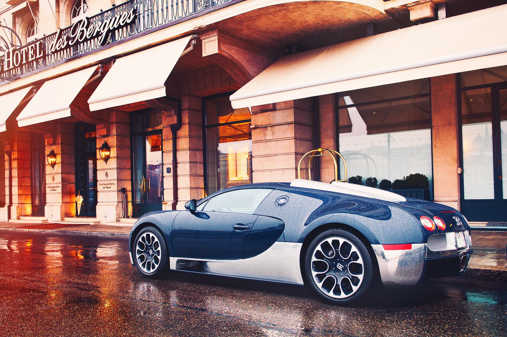 bugatti veyron grande deporte ciudad ginebra después de la lluvia