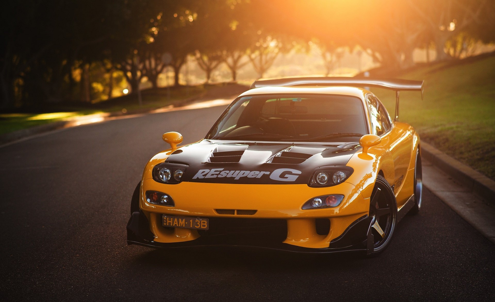 mazda rx-7 drift yellow car yellow mazda road sun