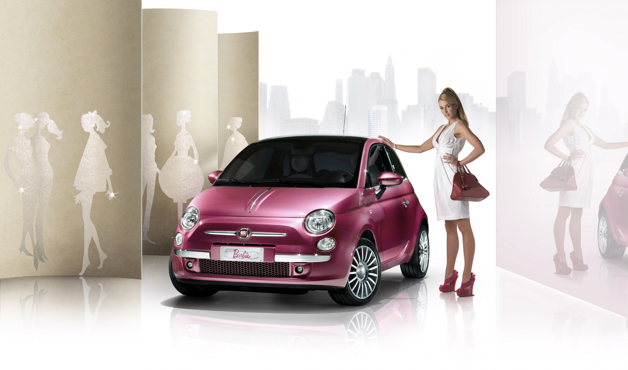 auto ragazza in bianco rosa auto fiat 500