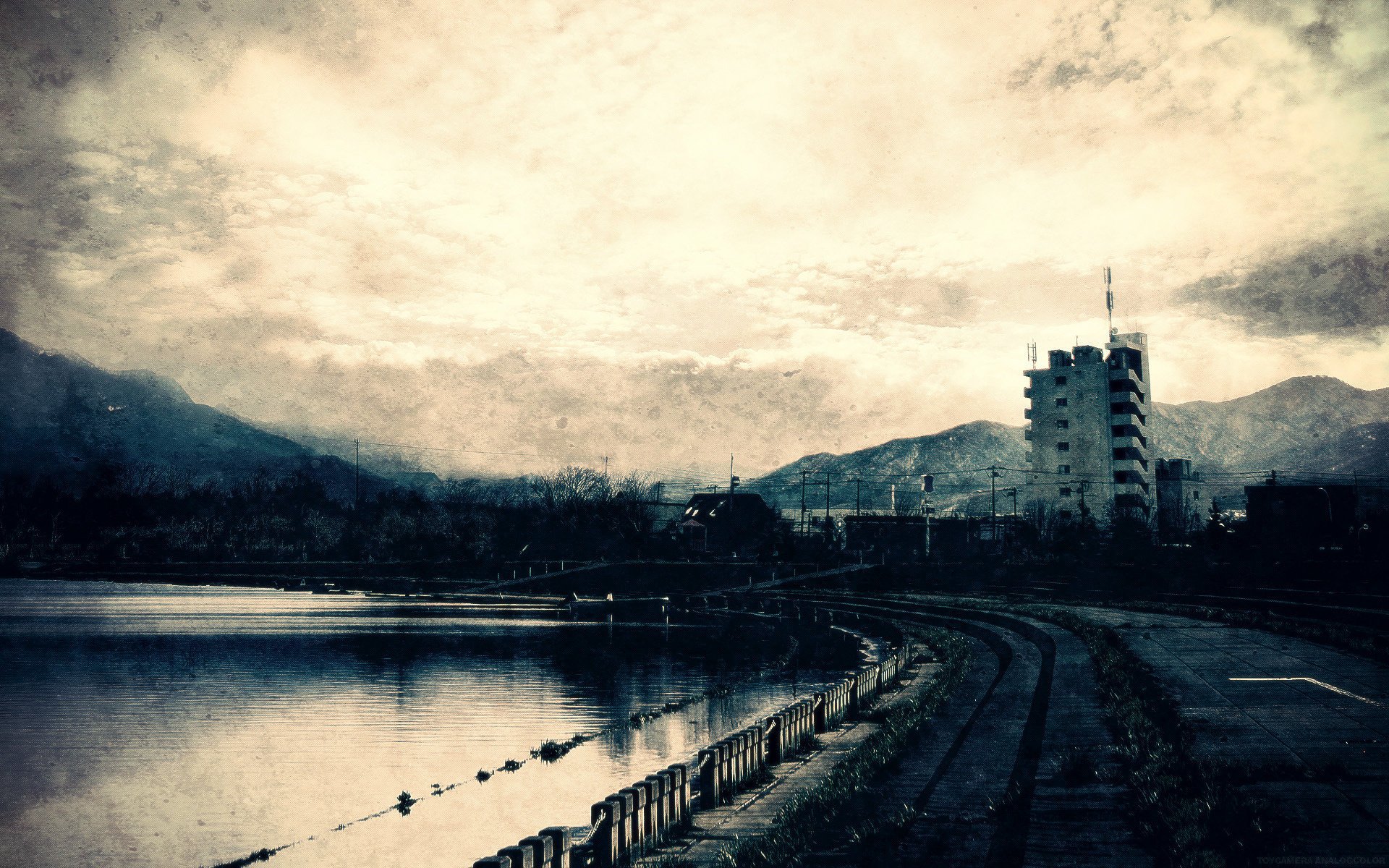 cities white nights pond buildings mountains road grayness sky fence fence embankment river pond house twilight water