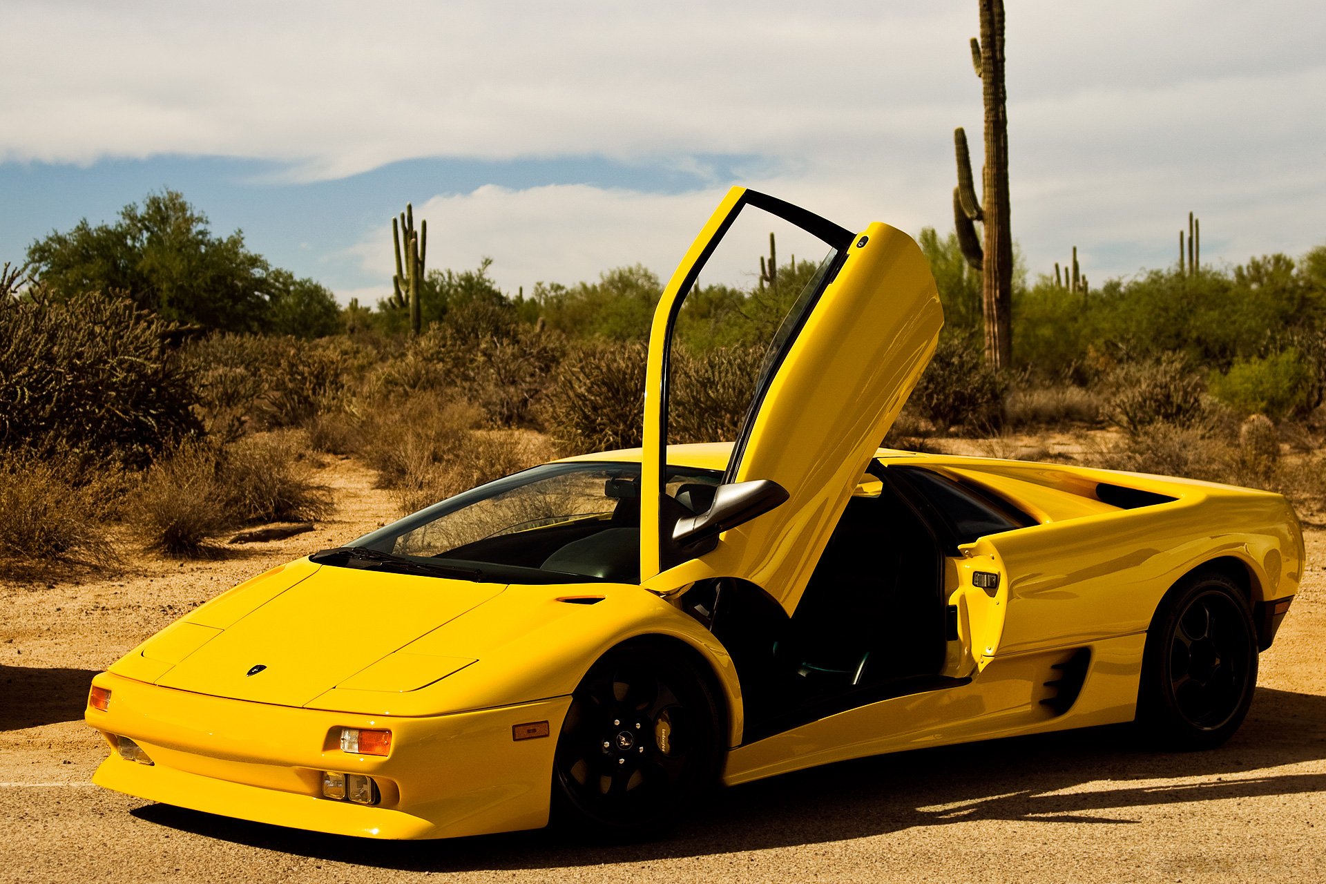 lamborghini diablo żółty pustynia kaktus niebo lamborghini diablo kaktusy