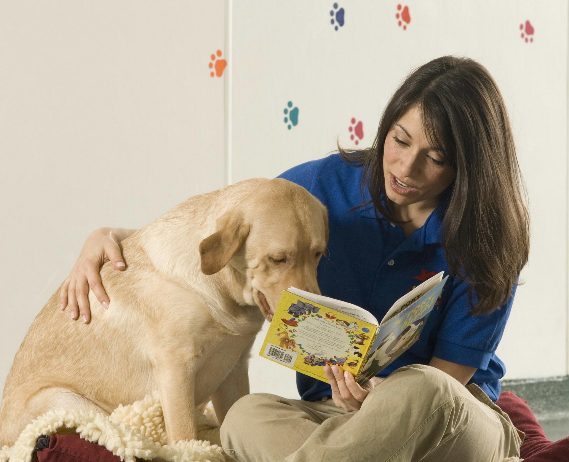 reading retriever dog girl friends mind book friendship animals dogs woof-woof-ry-ry models brunette