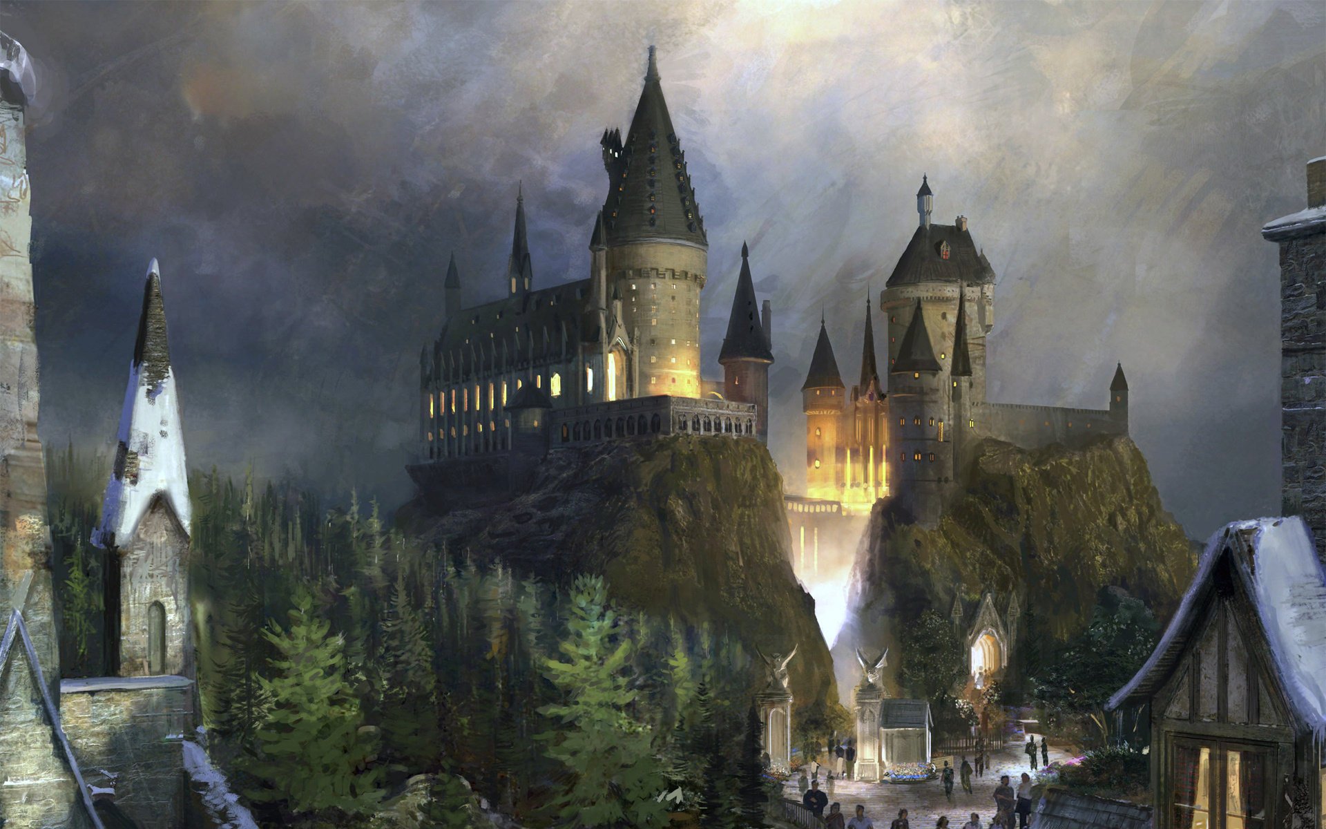 fantasy hogwarts hogwarts harry potter fantasy harry potter castle forest fir trees twilight people mountains rock evening