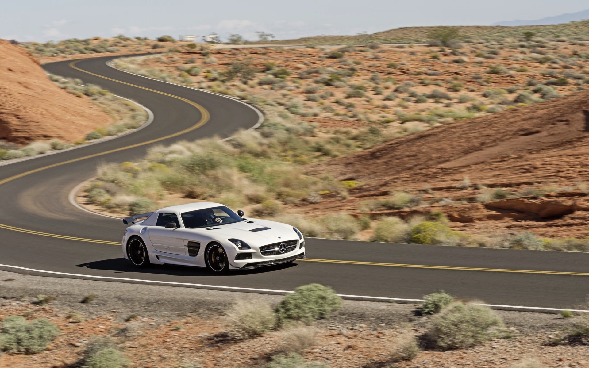 mercedes-benz sls amg white machine road desert in motion sports car