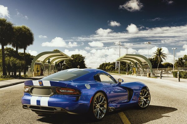 Sports blue car on the road background