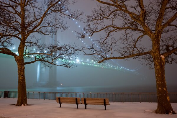 Bank auf der Brücke im Nebel