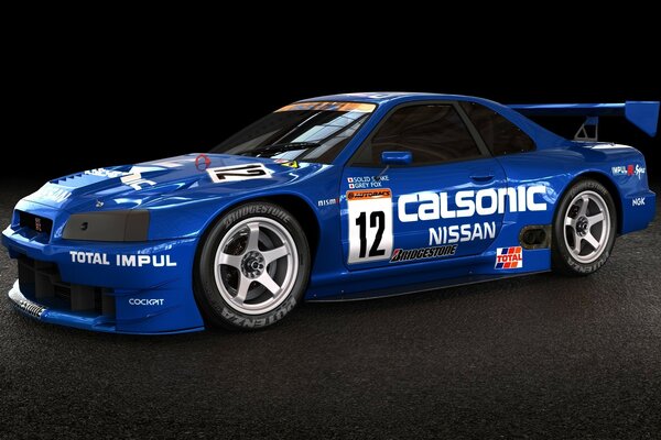 Blue nissan calsonic number 12 on a black background