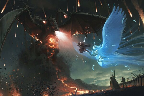 In the dark, a dragon with blue wings from the anime flies into battle