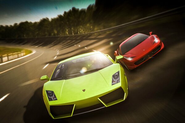 Zielone Lamborghini Gallardo i czerwone Ferrari italia