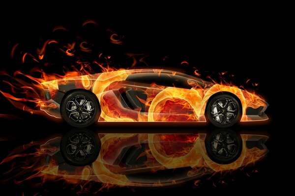 Image. Voiture lamborghini 2013 en feu sur fond noir