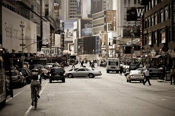 Busy traffic at the intersection of streets with advertising