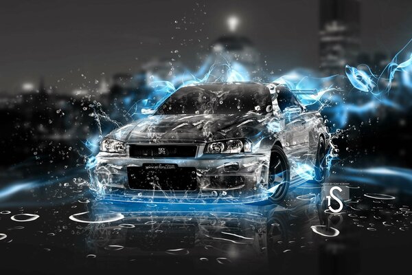 Dessin noir et blanc de nissan skyline r34 en flamme