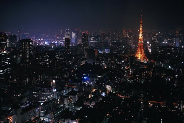 Night city in lights with a glowing tower