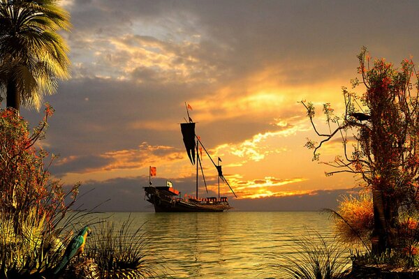 Paisaje marino con un yate al atardecer