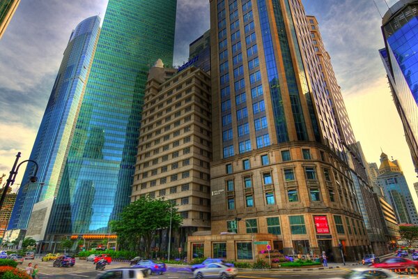 A city with skyscrapers photographed from below