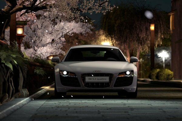 Bianco Audi R8 sulla strada, passando Zaya lungo Sakura