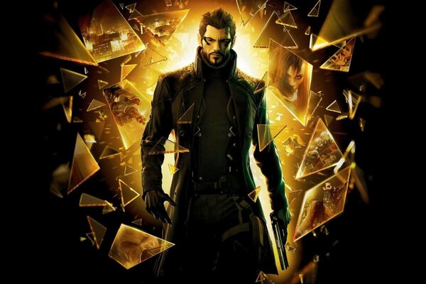 Deus Ex mit einer Pistole in Scherben