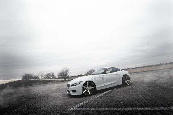 Even in a solid fog, you can see a white juicy BMW