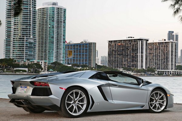 Lamborghini superdeportivo, Lamborghini en la orilla del río, Lamborghini Aventador en el fondo del paisaje urbano, Lamborghini Roadster