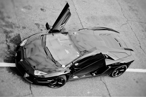 Lamborghini Aventador LP700-4 sports car in black and white