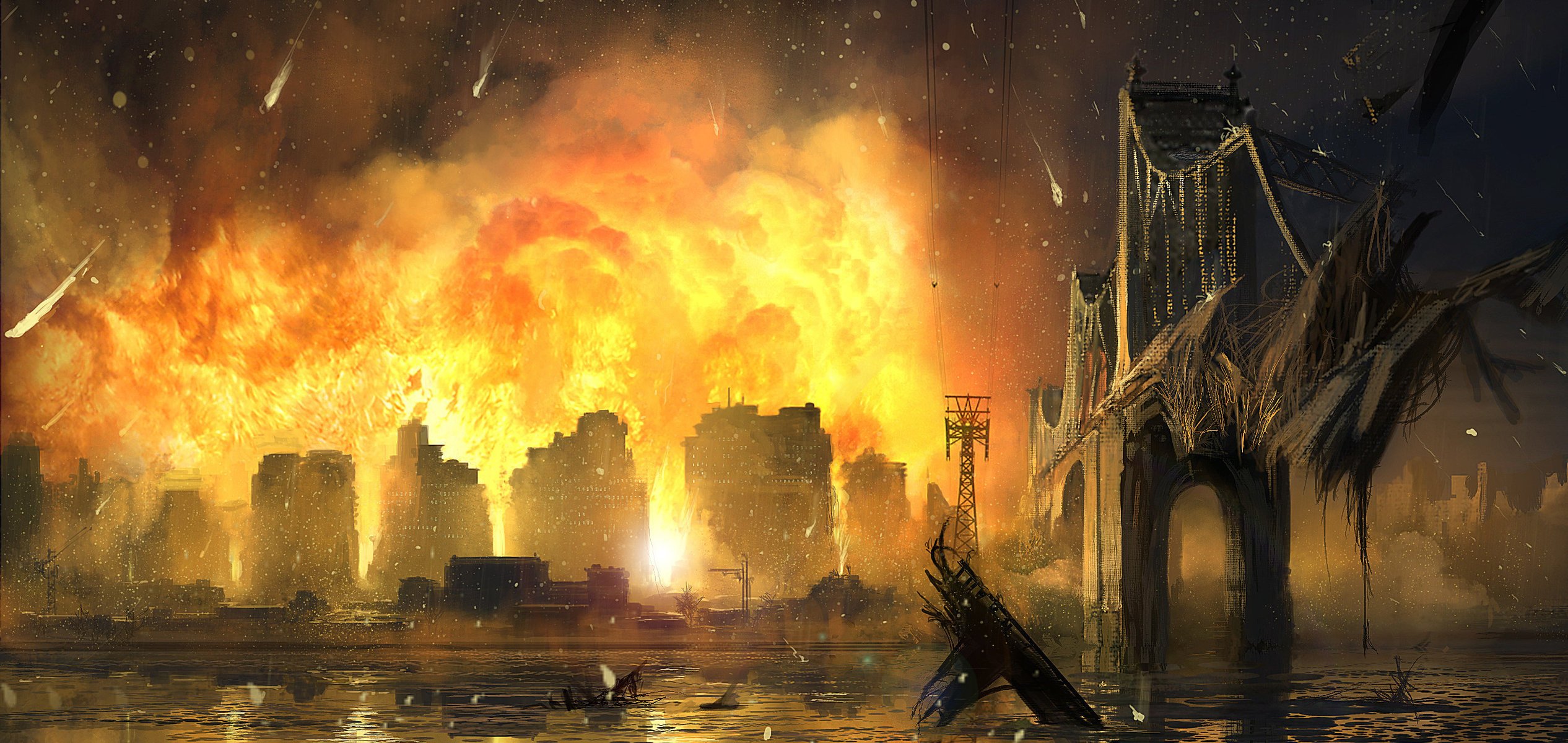 kunst stadt feuer brücke new york häuser the crysis 2 explosion feuer flamme konstruktionen funken katastrophe verwüstung chaos krieg spiel zerstörung rauch fluss