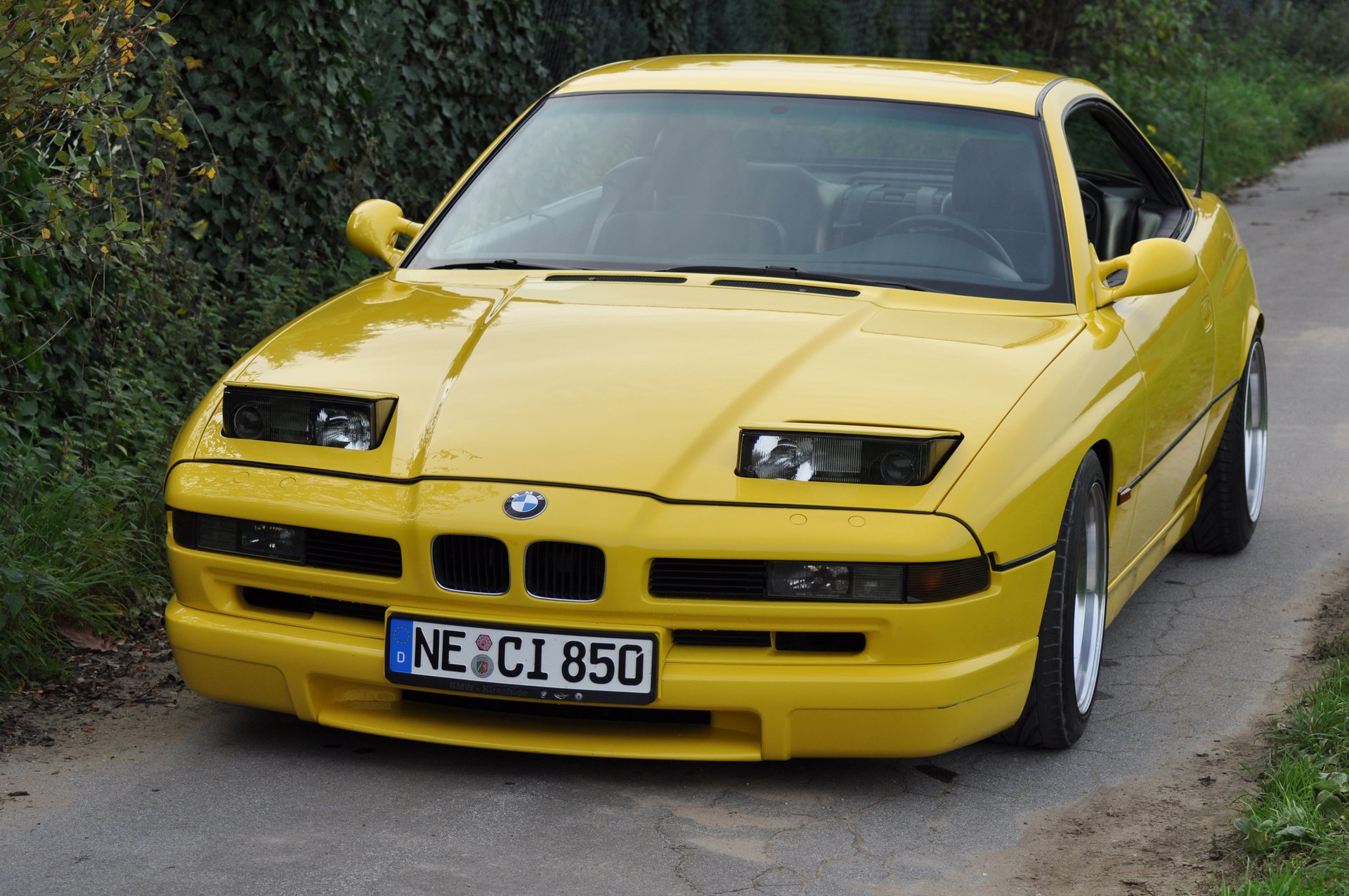 bmw 850 ci e31 bmw bmw coupé voiture de sport jaune style design high-tech techno allemagne bavière auto voiture jaune voiture véhicule transport herbe haie vue de face verdure feuillage voitures véhicules