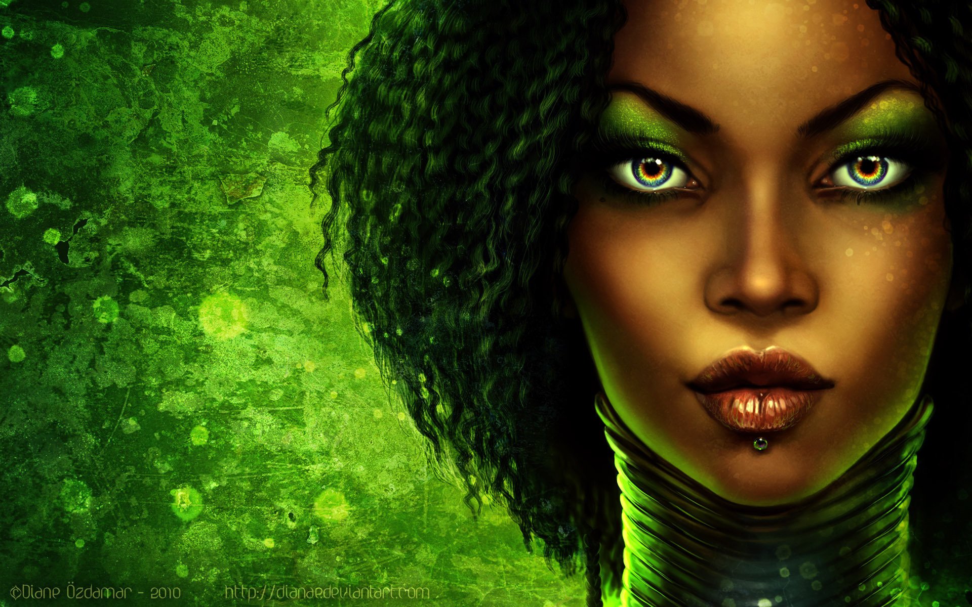 fille visage yeux cheveux lèvres afro couleurs vert texture fond portrait femmes regard verdure maquillage