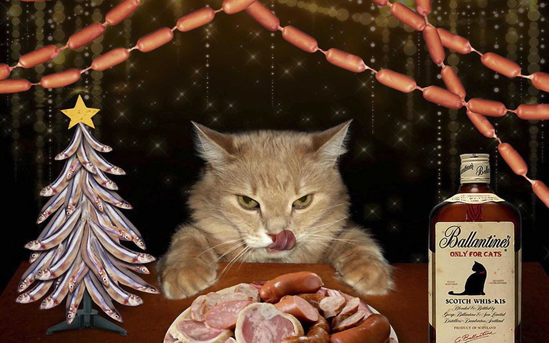 vielfraß wurst-girlande fischbaum neujahr feier fest katze zunge haustier schnurrbart schnauze wurst fleisch schneiden flasche schnaps würstchen witz kreativ fisch tiere katzen aussehen miau miau miau getränke