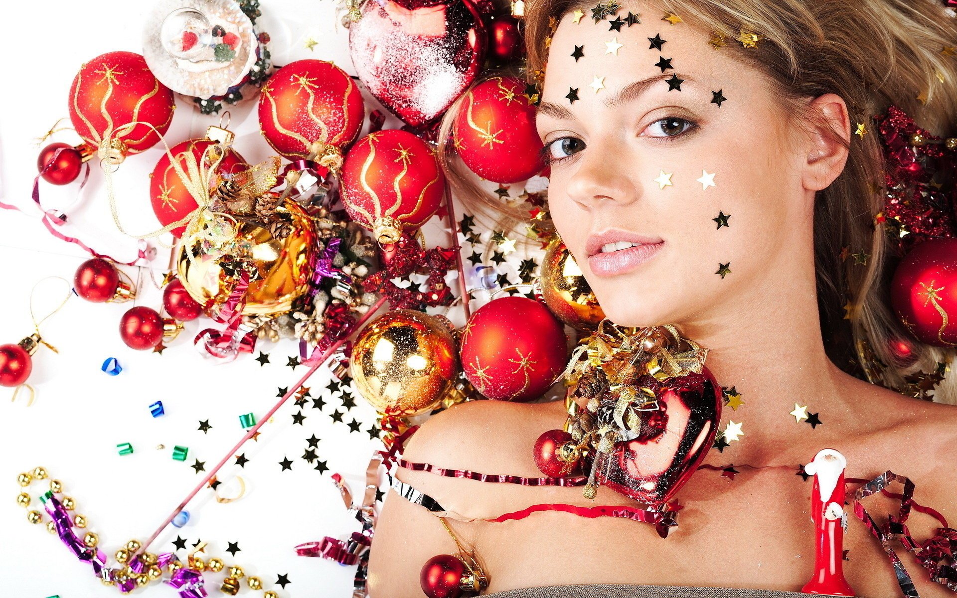 girl jewelry balls stars toys holiday new year sequins stars tinsel brown-haired brown-eyed lies christmas toys christmas decorations women face eyes portrait snow maiden