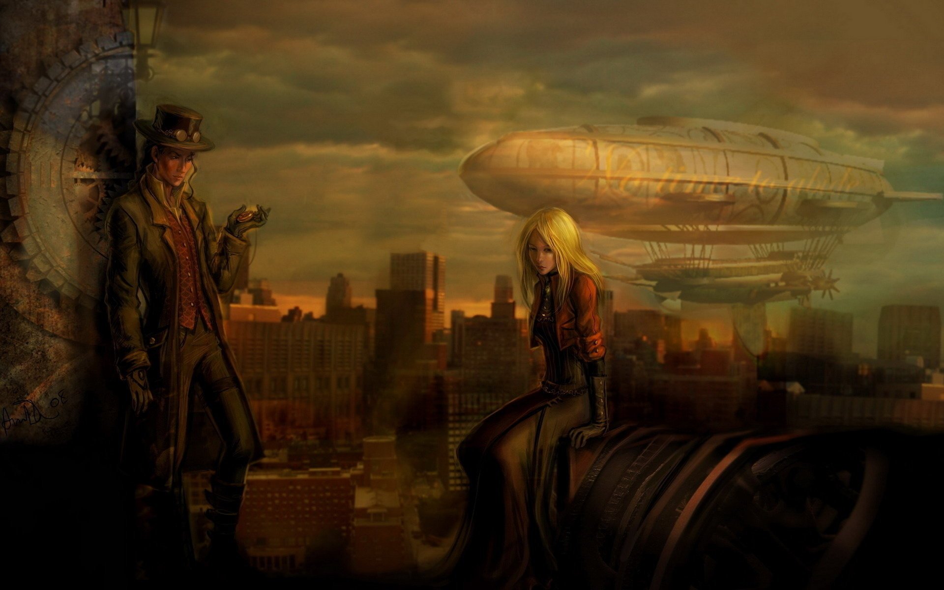 gear male hat girl the city the airship drawings anime