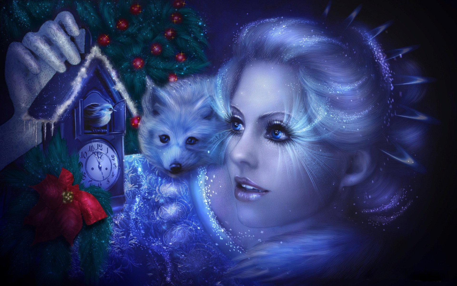 cuco año nuevo cuento de hadas niña animal brillo resplandor reloj pájaro árbol de navidad bolas noche ojos azules peinado princesa disfraz oropel luces vacaciones modelos mujeres ojos cara retrato