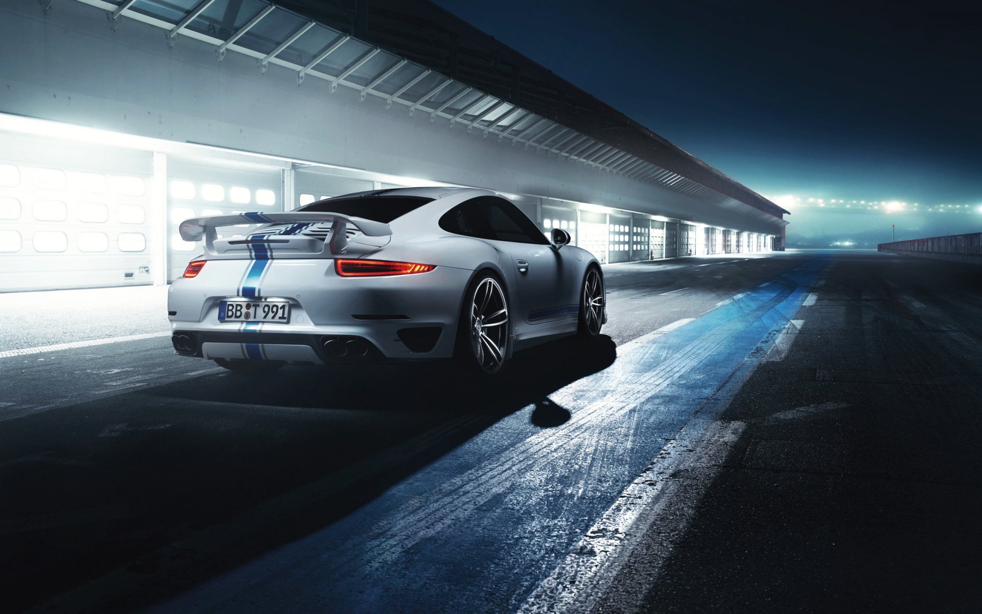 porsche 911 turbo by techart sports car car machine track night rear view white light supercar