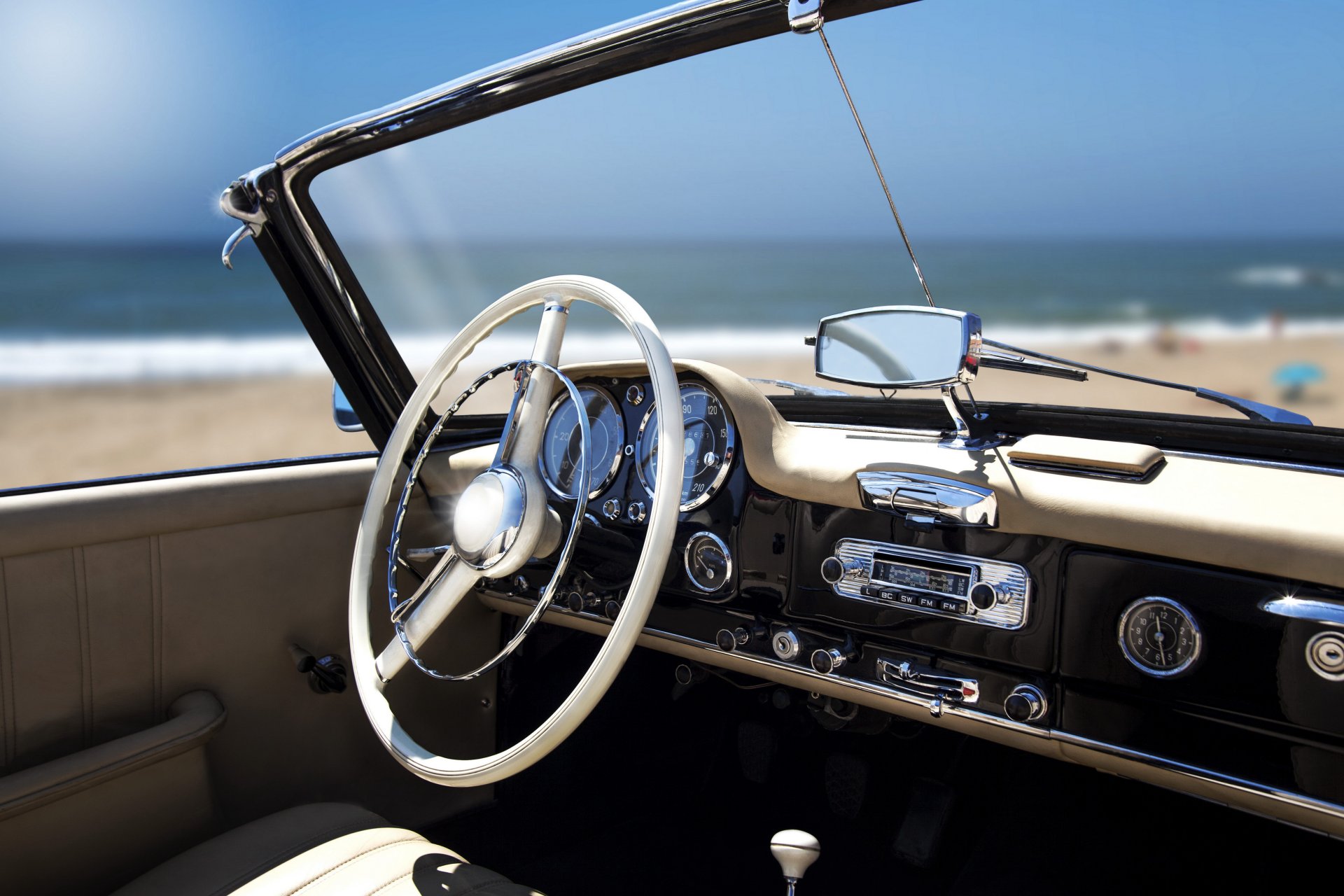 auto retro convertibile interno volante pannello controllo strumentazione oceano spiaggia relax relax sfocatura bokeh carta da parati