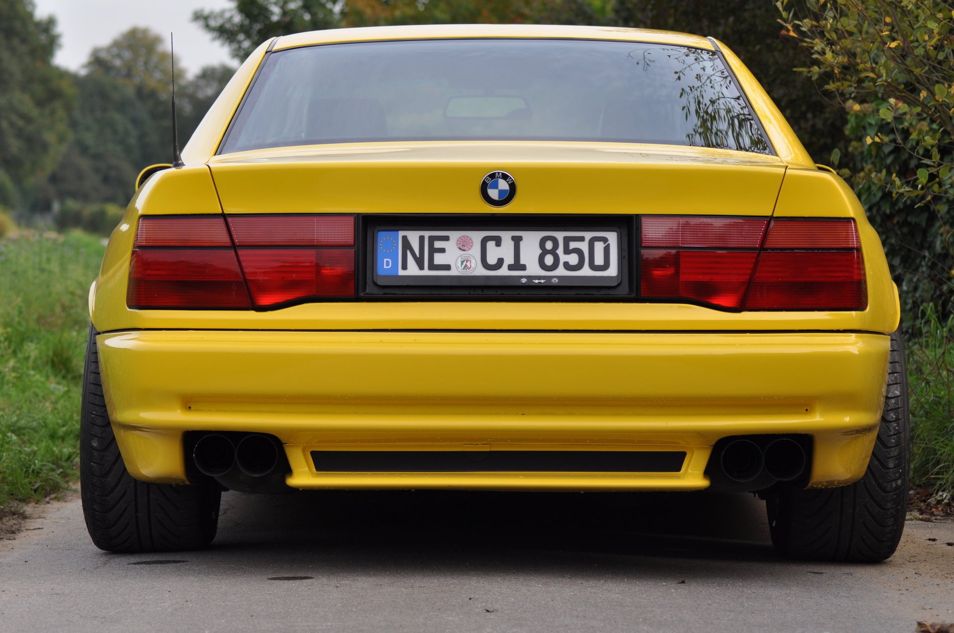 bmw 850 e31 bmw bmw coupé voiture de sport jaune style design high-tech techno allemagne bavière auto voiture jaune voiture voiture transport herbe haie verdure vue arrière feuillage voitures véhicules