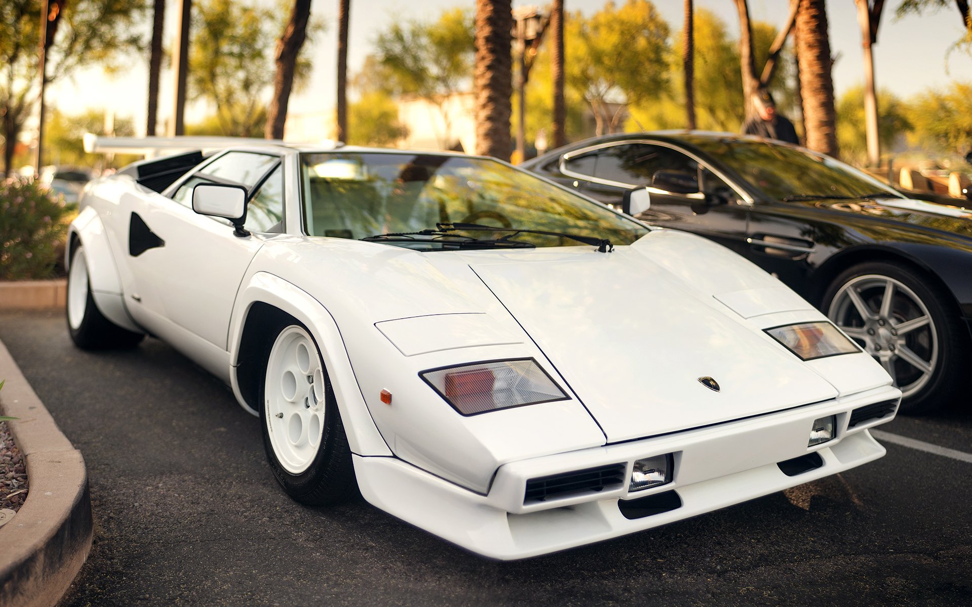 lamborghini countach aston martin vantage v8 белый черный суперкар парковка ламборгини астон мартин