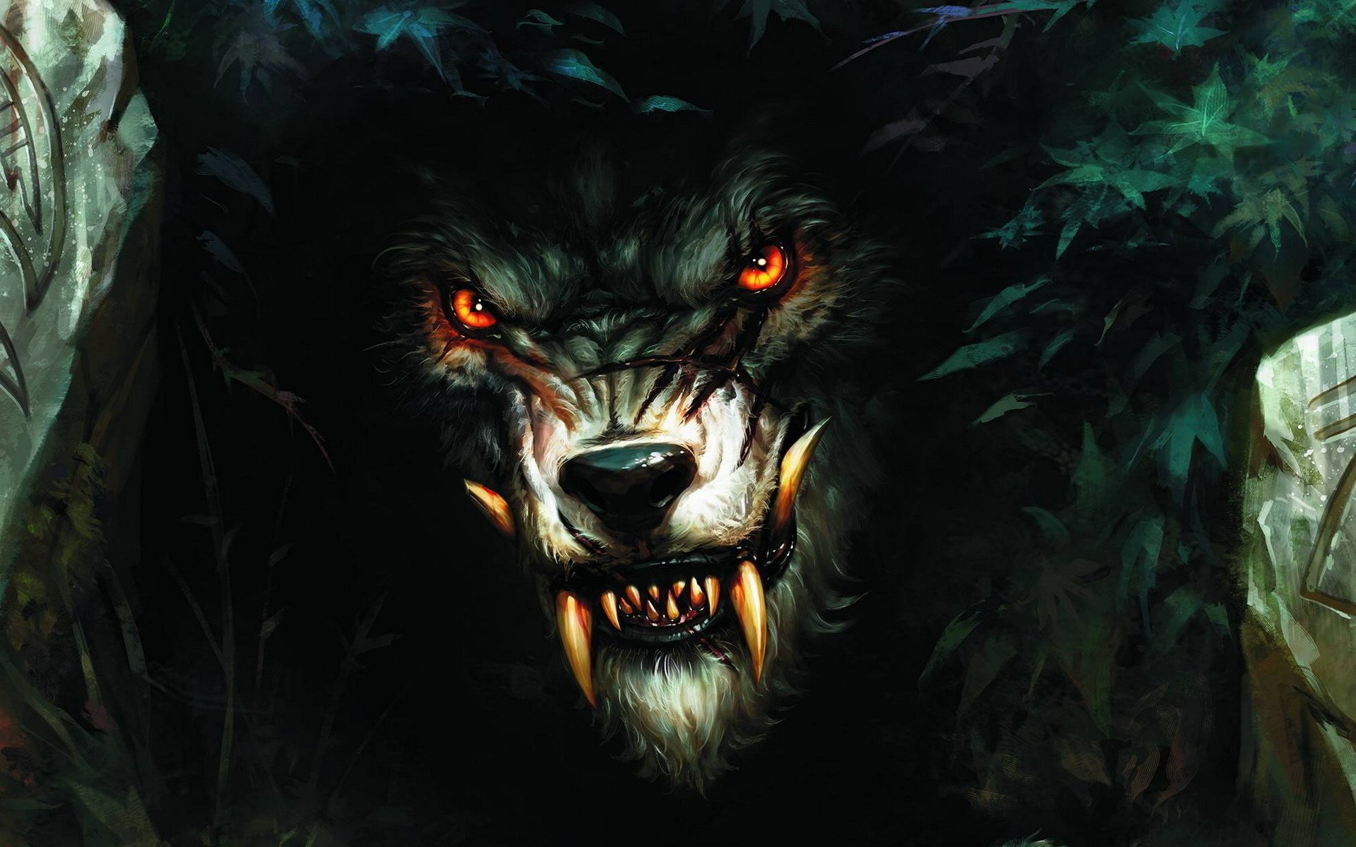 wolf the bushes werewolf teeth fangs beast animal aggression face red eyes rage anger predators drawings anime grin