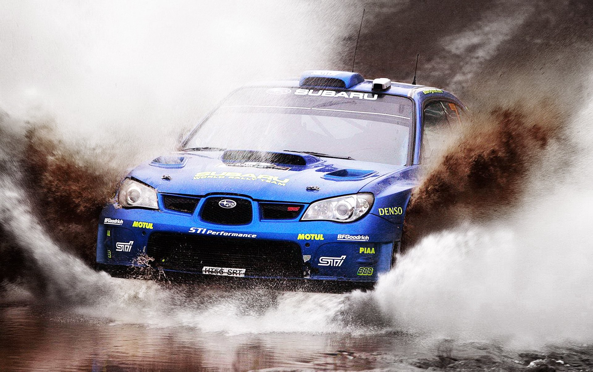 ubaru impreza rallye wkr rallye auto tag lichter motorhaube mikko hirvonen schmutz wasser spritzer