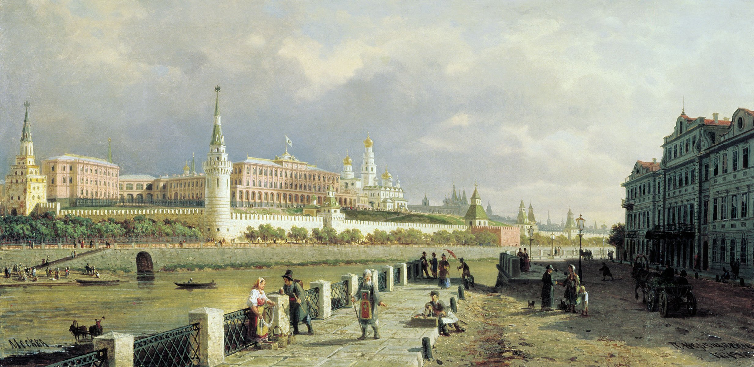 vista del cremlino di mosca vereshchagin pittura antichità russia mosca cupole persone fiume barche argine passeggiata cielo nuvole città cremlino