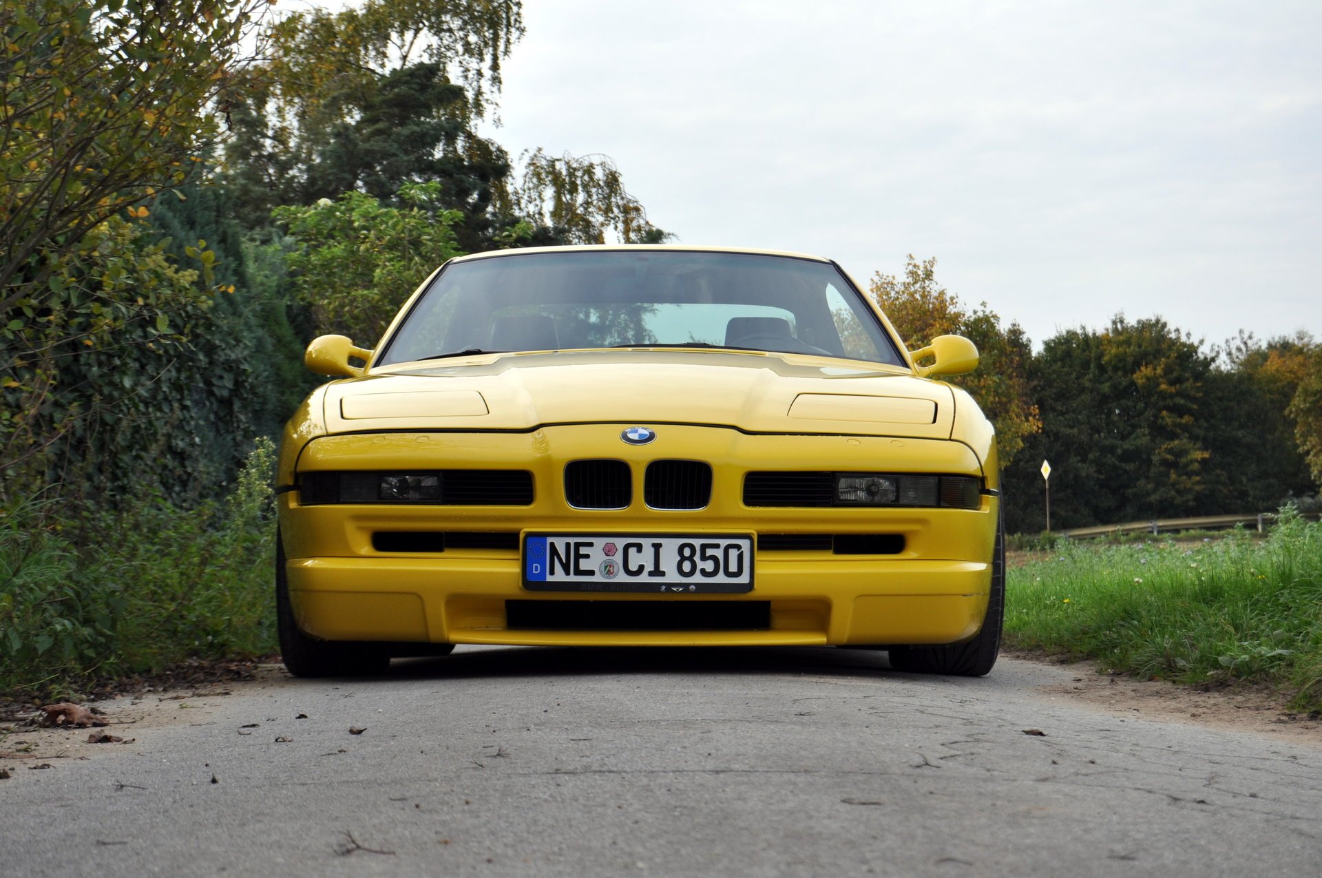 bmw 850 e31 bmw bmw coupé coche deportivo amarillo estilo diseño alta tecnología techno alemania baviera auto auto amarillo coche coche transporte hierba seto vegetación vista frontal follaje automóviles vehículos