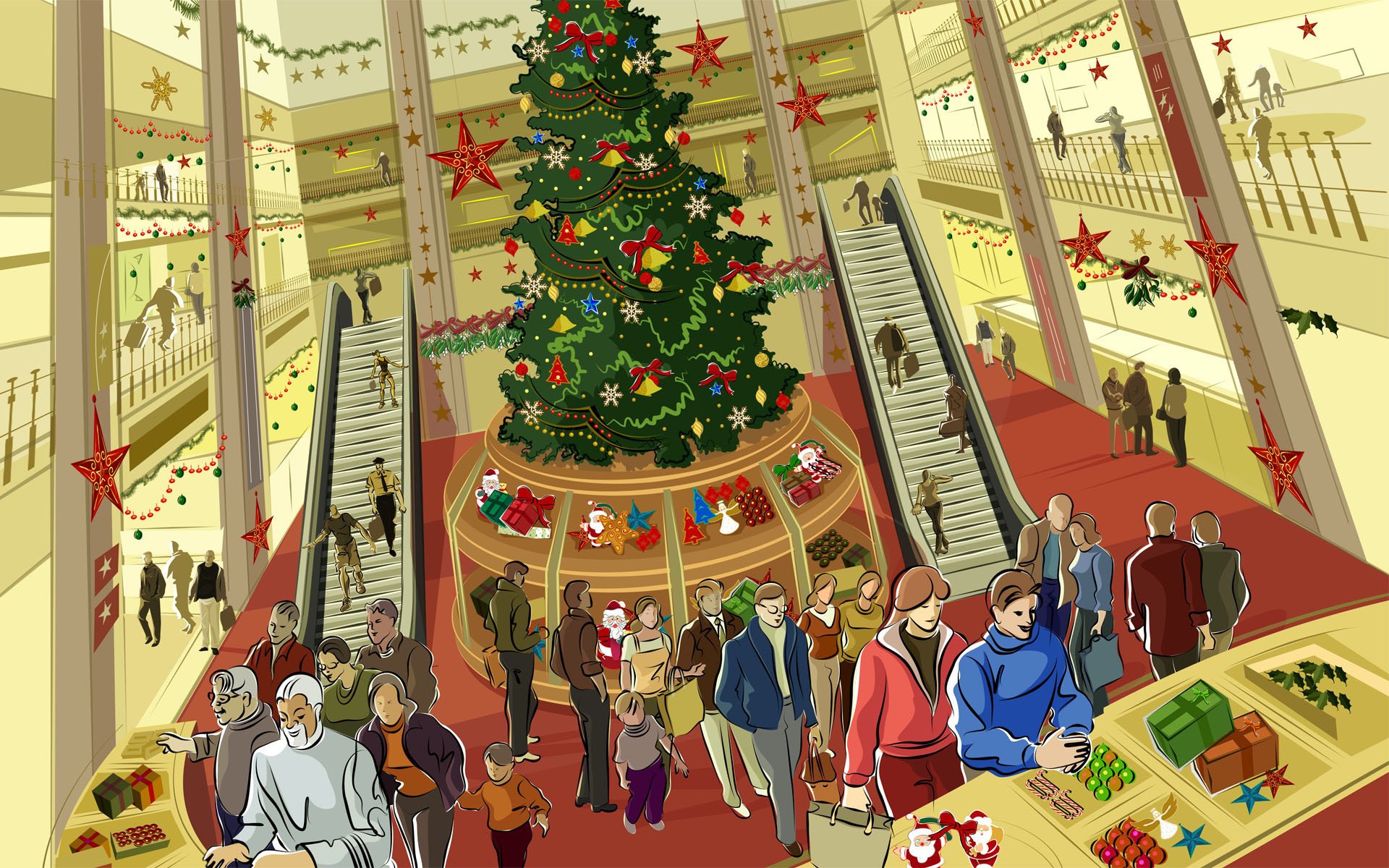 centro comercial escalera mecánica caja registradora compradores año nuevo árbol de navidad tienda personas regalos animosidad compras estado de ánimo vacaciones estrellas decoración dibujos anime