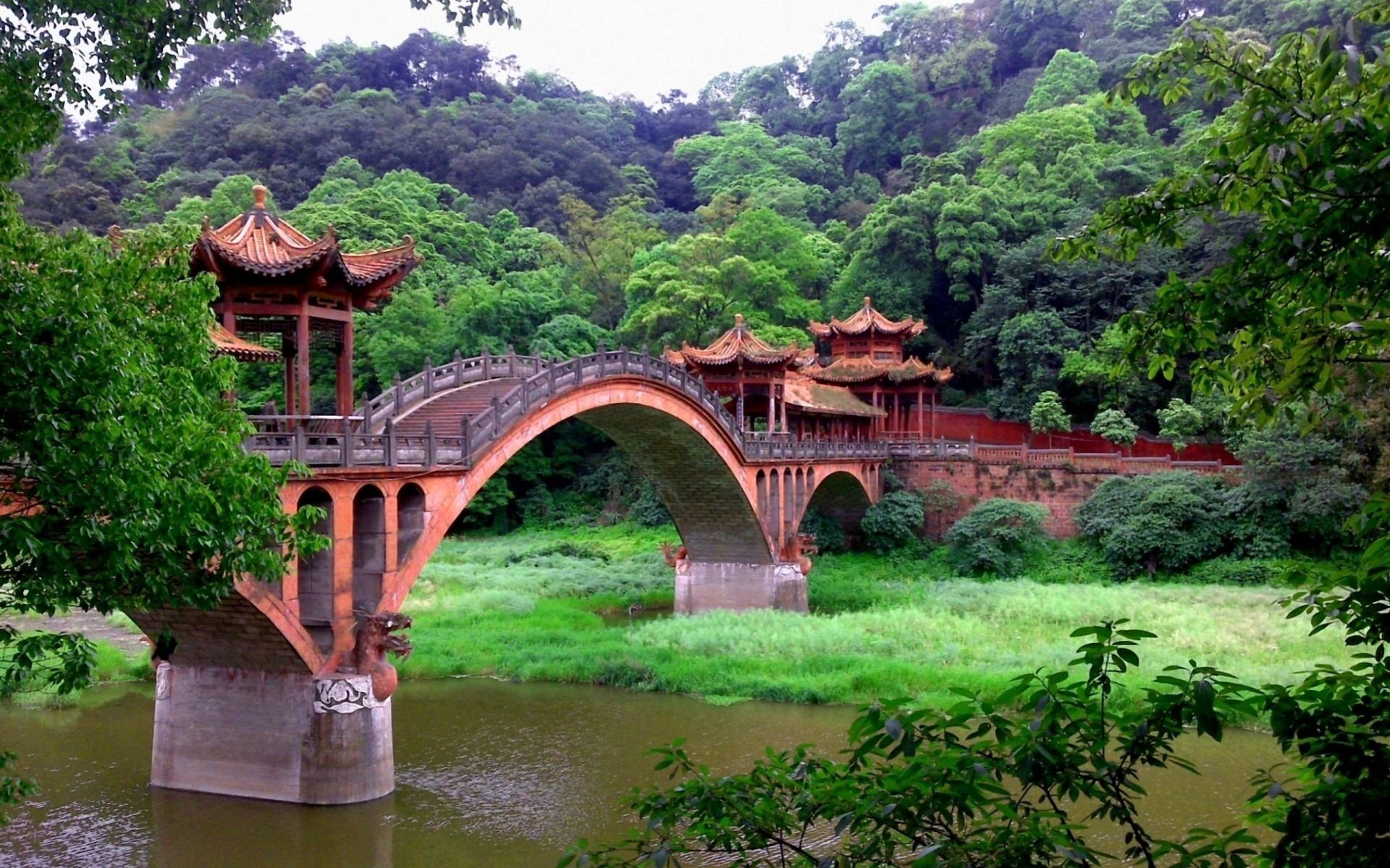 brücke fluss china asien wald grün natur zen vegetation dickicht landschaft brücken