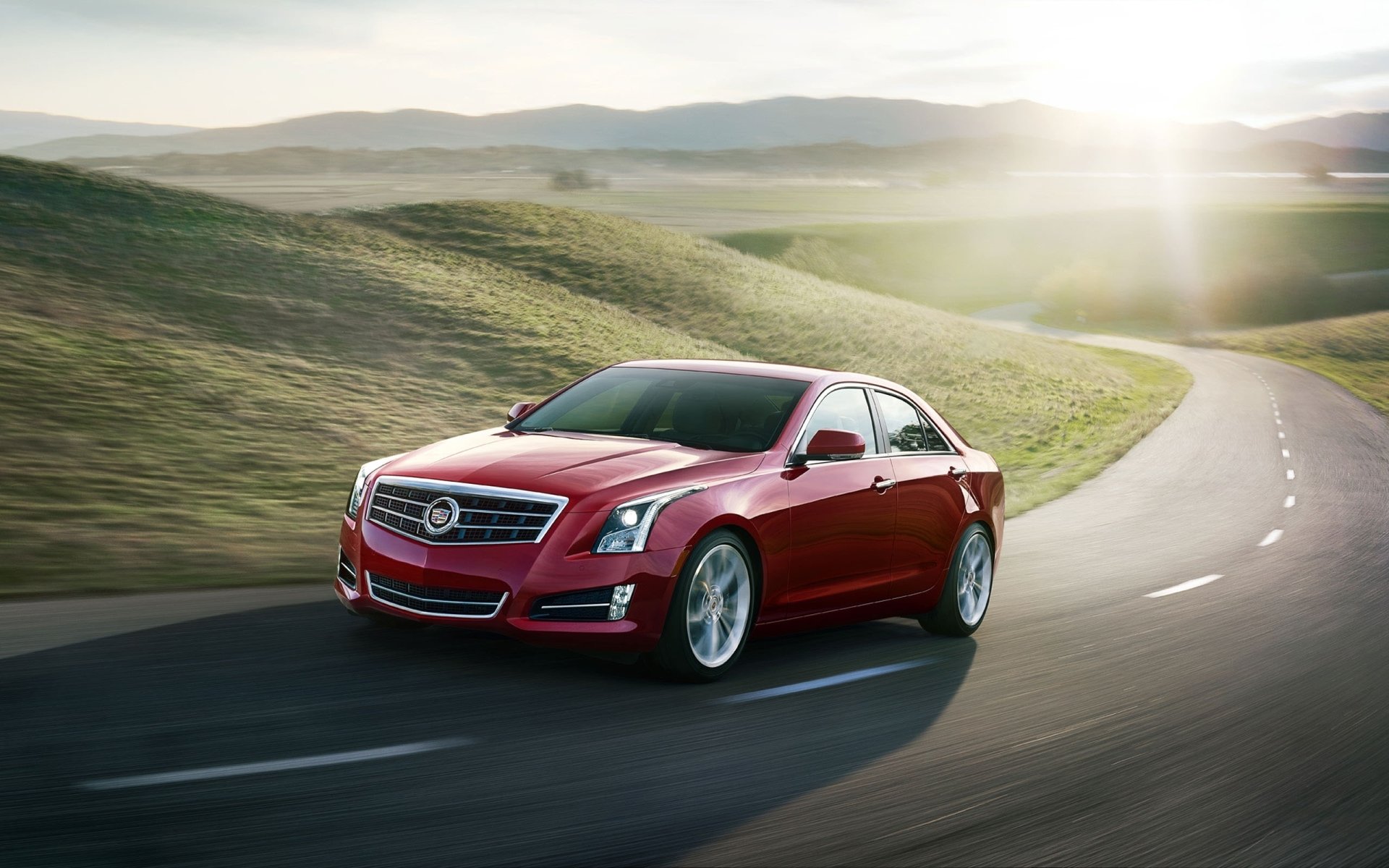 cadillac ats cadillac berlina anteriore rosso strada colline sole sfondo