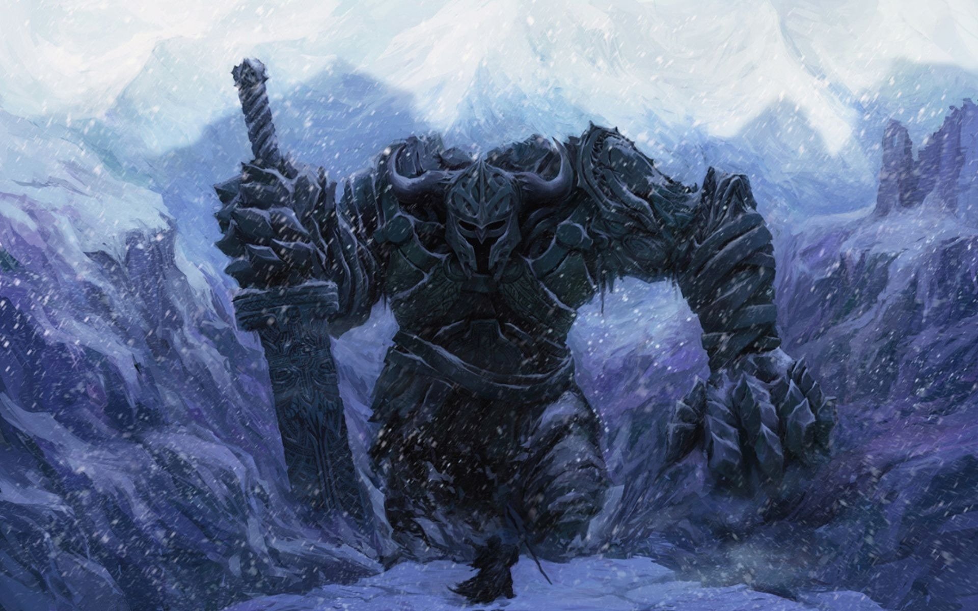 winter sword people giant snow warrior mountains rocks weapons monster fiction