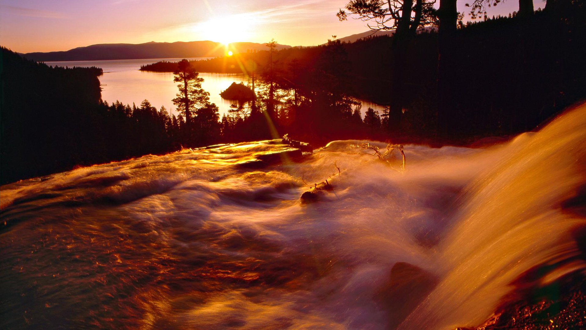 red blay sunset mountains river water waterfalls trees forest nature landscape rays the sun the evening for squirt