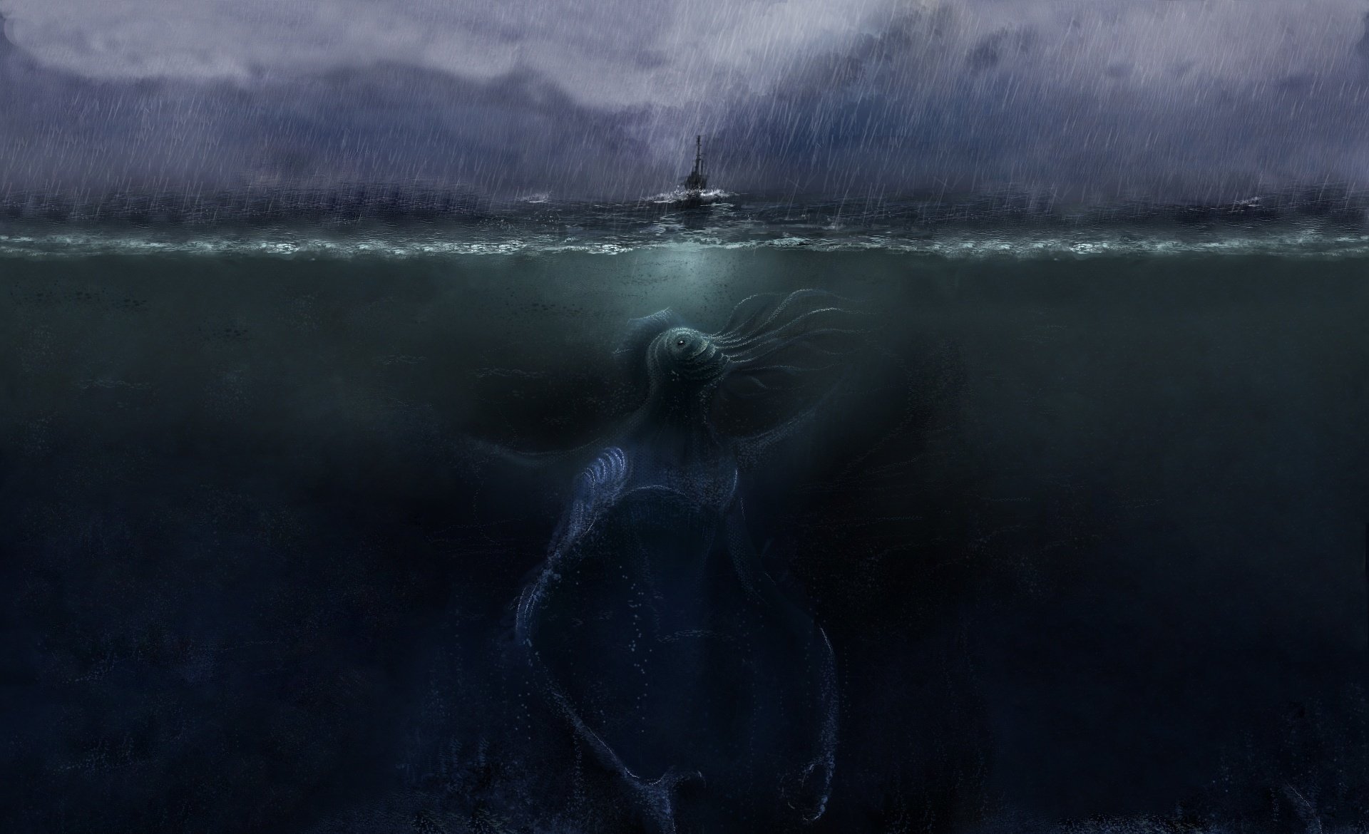 cthulhu cthulhu mer bateau obscurité orage pluie mauvais temps élément obscurité sous l eau