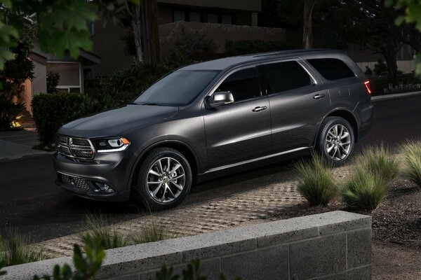 A picture of a dark car standing at the house