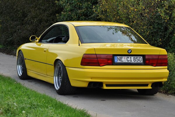 Voiture de sport jaune BMW près des arbres